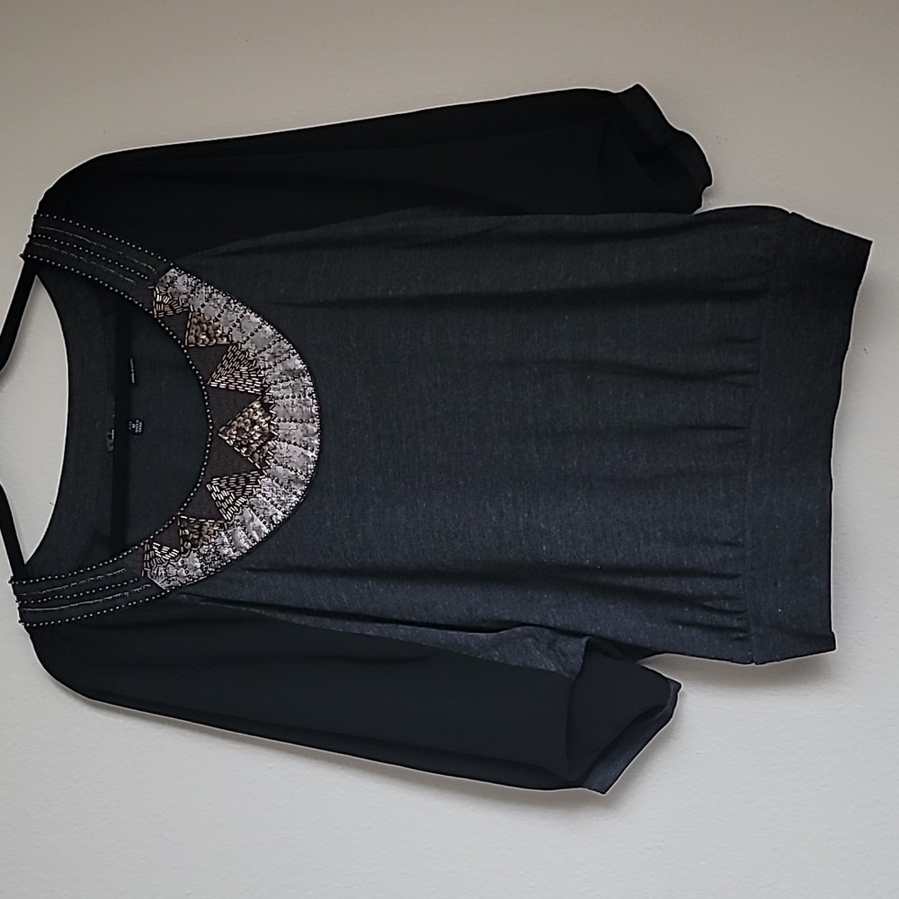 Miss Me Beaded Embellished Dolman Gray & Black Blouse Size M